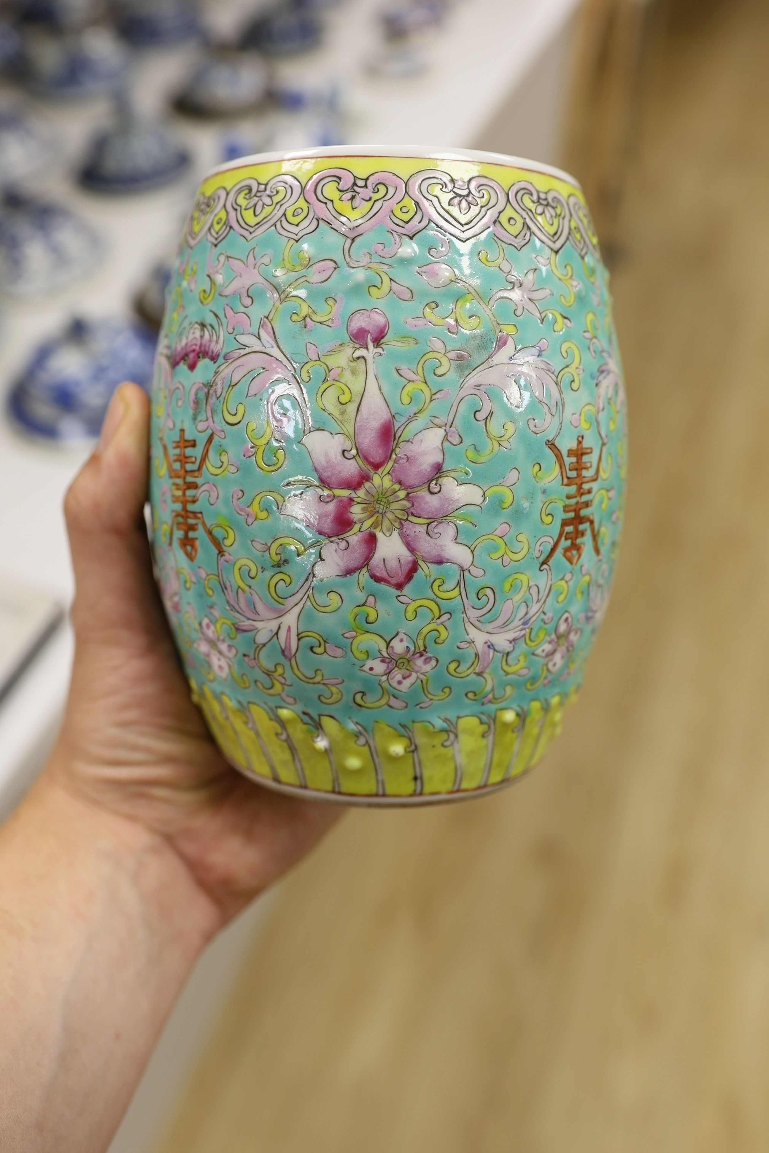 A Chinese famille charger, three vases and a plate, together with other Chinese and Japanese ceramics (13 items), Charger 48 cms diameter